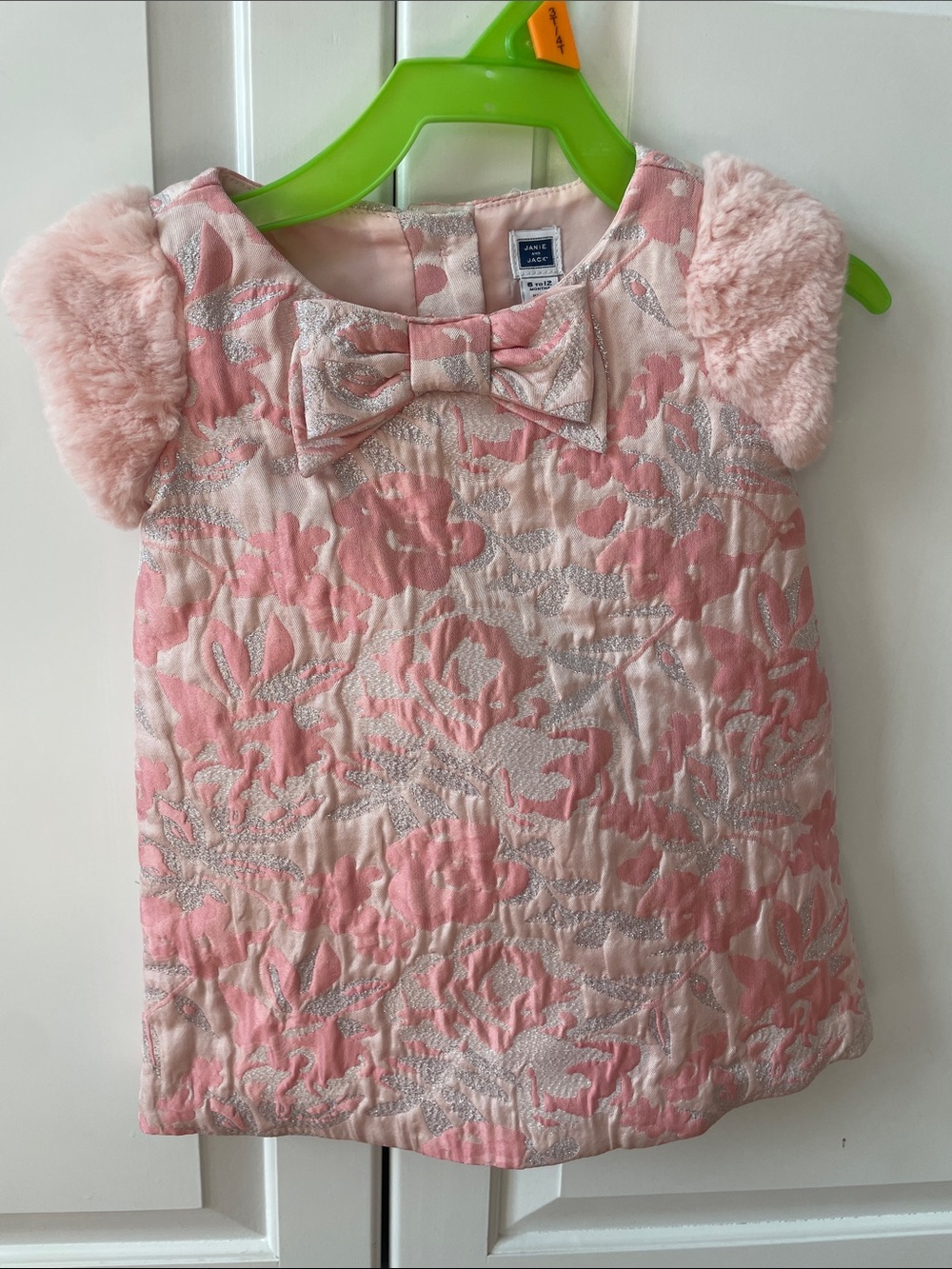 Janie and Jack Pink Floral Jacquard Bow-Front Dress with Faux-Fur Sleeves